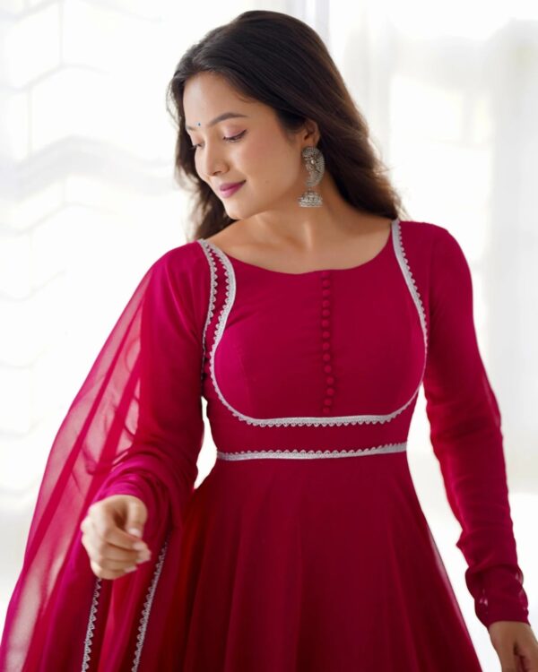 Dark Pink Colour Digitally Printed Pure Georgette Anarkali Suit With Huge Flair Comes With Duppatta & Pant - Image 5