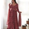 Red Colour Digitally Printed Pure Georgette Anarkali Suit With Huge Flair Comes With Duppatta & Pant - Image 3