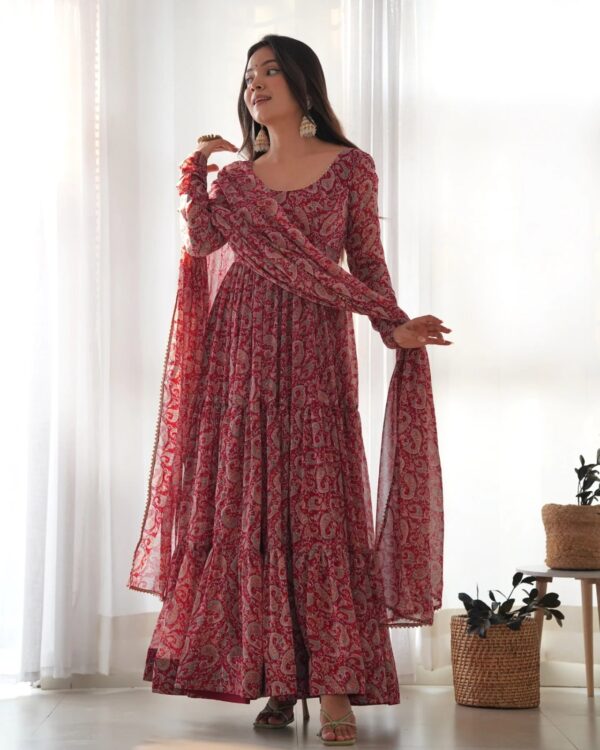 Red Colour Digitally Printed Pure Georgette Anarkali Suit With Huge Flair Comes With Duppatta & Pant - Image 3
