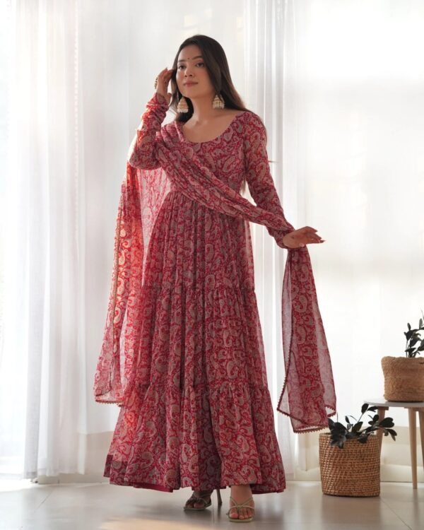 Red Colour Digitally Printed Pure Georgette Anarkali Suit With Huge Flair Comes With Duppatta & Pant - Image 4