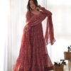 Red Colour Digitally Printed Pure Georgette Anarkali Suit With Huge Flair Comes With Duppatta & Pant - Image 5