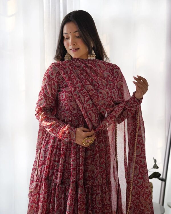 Red Colour Digitally Printed Pure Georgette Anarkali Suit With Huge Flair Comes With Duppatta & Pant - Image 8