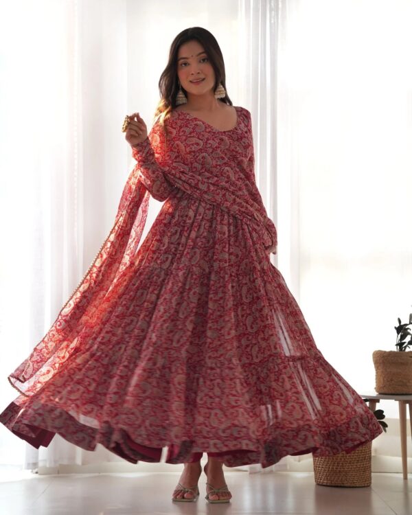 Red Colour Digitally Printed Pure Georgette Anarkali Suit With Huge Flair Comes With Duppatta & Pant - Image 9