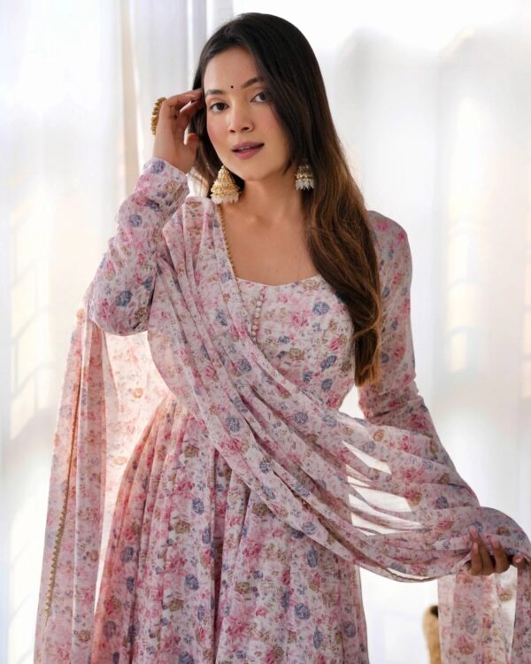 Light Pink Digitally Printed Pure Chiffon Anarkali Suit With Huge Flair Comes With Duppatta & Pant - Image 8