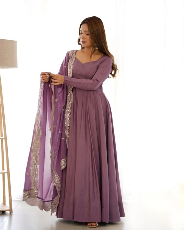 Beat Colour Pure Roman Silk Chanderi Anarkali Suit With Huge Flair Comes With Duppatta & Pant - Image 4